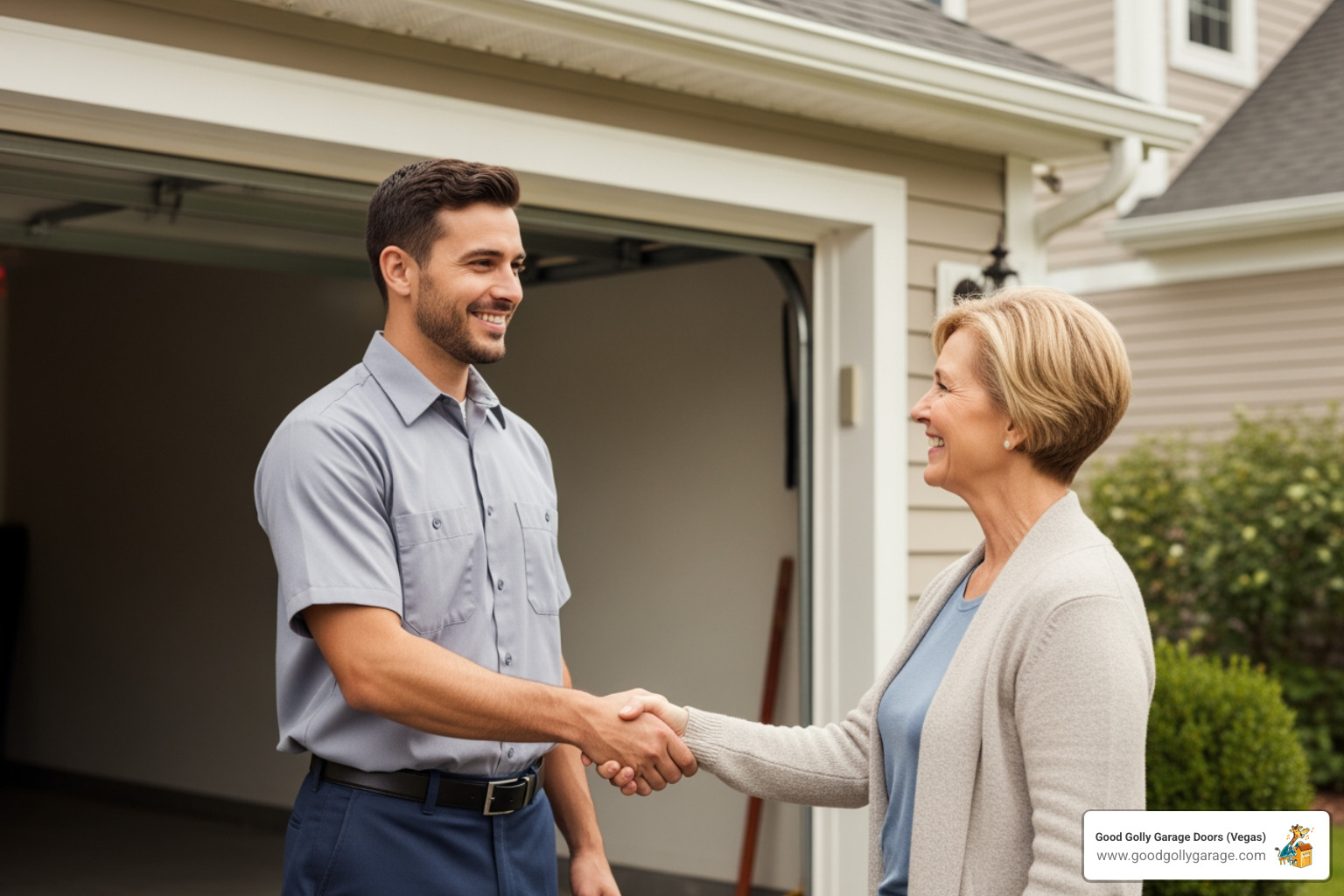 A professional garage door technician shaking hands with a satisfied homeowner after completing a repair - emergency garage door off track anthem nv A professional garage door technician shaking hands with a satisfied homeowner after completing a repair - emergency garage door off track anthem nv