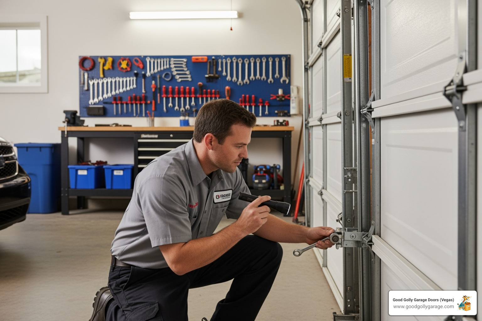 A uniformed technician safely inspecting an off-track garage door with professional tools - emergency garage door off track anthem nv A uniformed technician safely inspecting an off-track garage door with professional tools - emergency garage door off track anthem nv