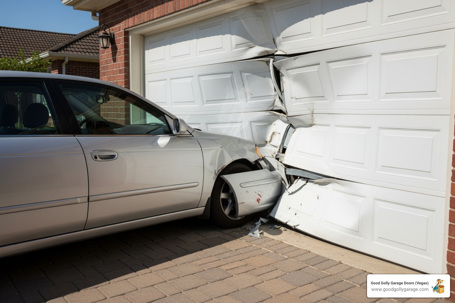 A car accidentally backing into a garage door, causing damage and misalignment - emergency garage door off track anthem nv A car accidentally backing into a garage door, causing damage and misalignment - emergency garage door off track anthem nv