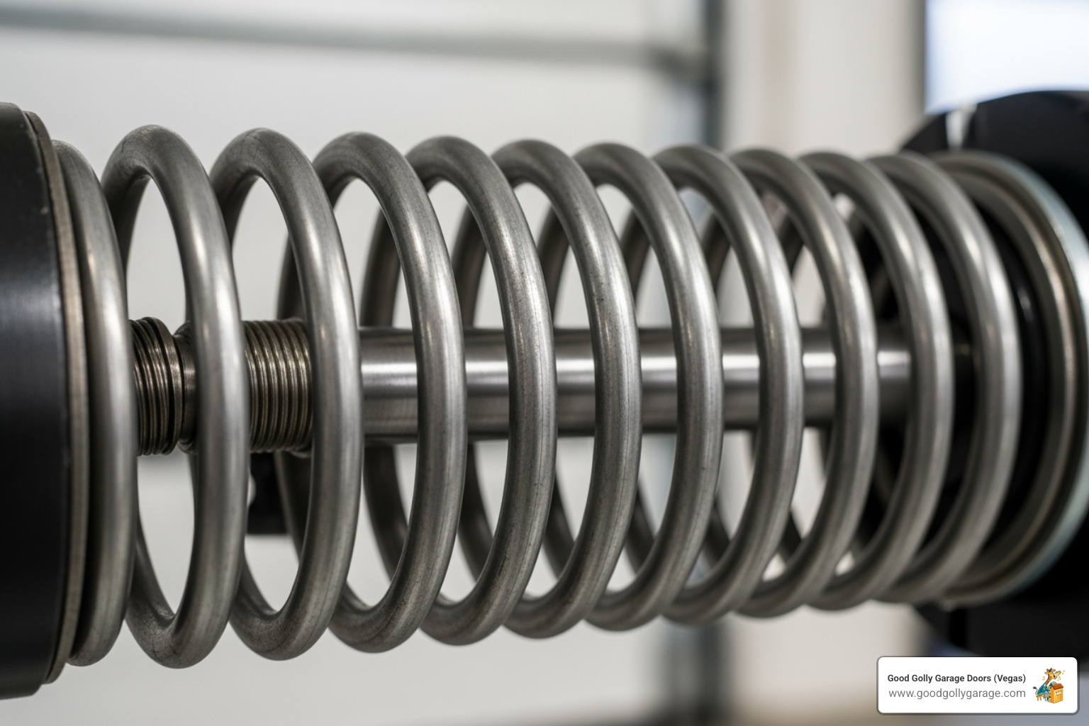 image of a high-tension garage door spring with a warning symbol - emergency broken garage door las vegas nv image of a high-tension garage door spring with a warning symbol - emergency broken garage door las vegas nv