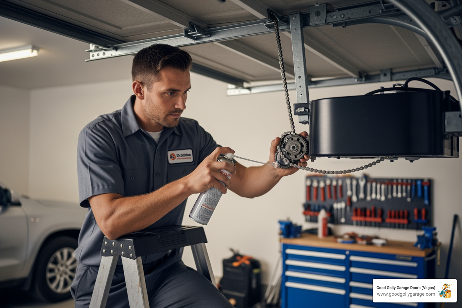 technician lubricating garage door opener chain - garage door opener repair las vegas nv technician lubricating garage door opener chain - garage door opener repair las vegas nv