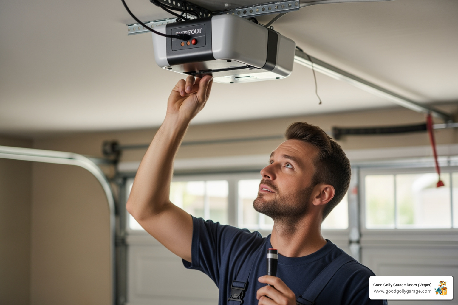 friendly technician inspecting garage door opener - garage door opener repair las vegas nv friendly technician inspecting garage door opener - garage door opener repair las vegas nv