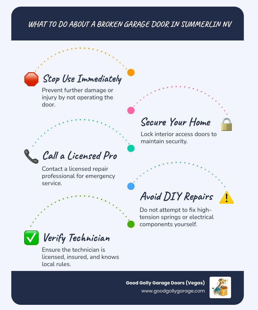 Infographic showing the main components of a garage door system including torsion springs at the top, cable drums on both sides, vertical tracks, horizontal tracks along the ceiling, rollers within the tracks, bottom weather seal, garage door opener motor mounted on the ceiling with a drive mechanism, safety sensors at the base on both sides, and door panels stacked vertically - broken garage door summerlin nv infographic infographic-line-5-steps-blues-accent_colors Infographic showing the main components of a garage door system including torsion springs at the top, cable drums on both sides, vertical tracks, horizontal tracks along the ceiling, rollers within the tracks, bottom weather seal, garage door opener motor mounted on the ceiling with a drive mechanism, safety sensors at the base on both sides, and door panels stacked vertically - broken garage door summerlin nv infographic infographic-line-5-steps-blues-accent_colors