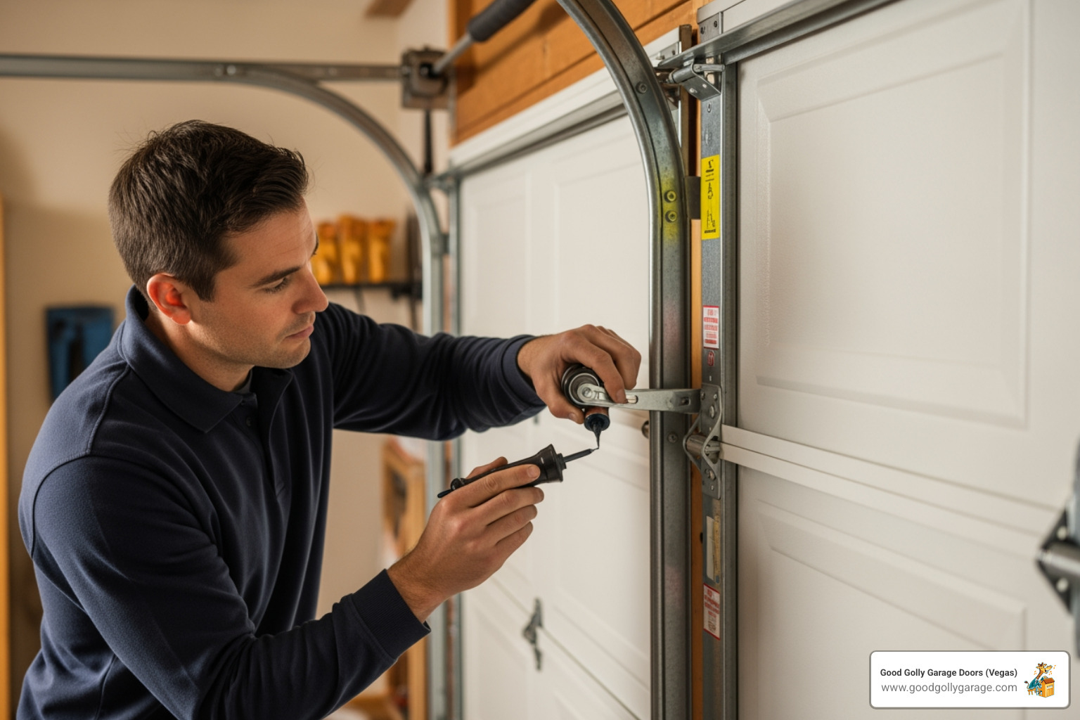 A technician carefully lubricating the rollers and hinges of a garage door, ensuring smooth and quiet operation. - best garage door repair henderson nv