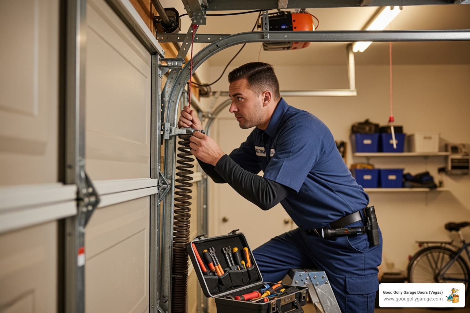 technician inspecting garage door spring system - garage door replacement henderson nv technician inspecting garage door spring system - garage door replacement henderson nv