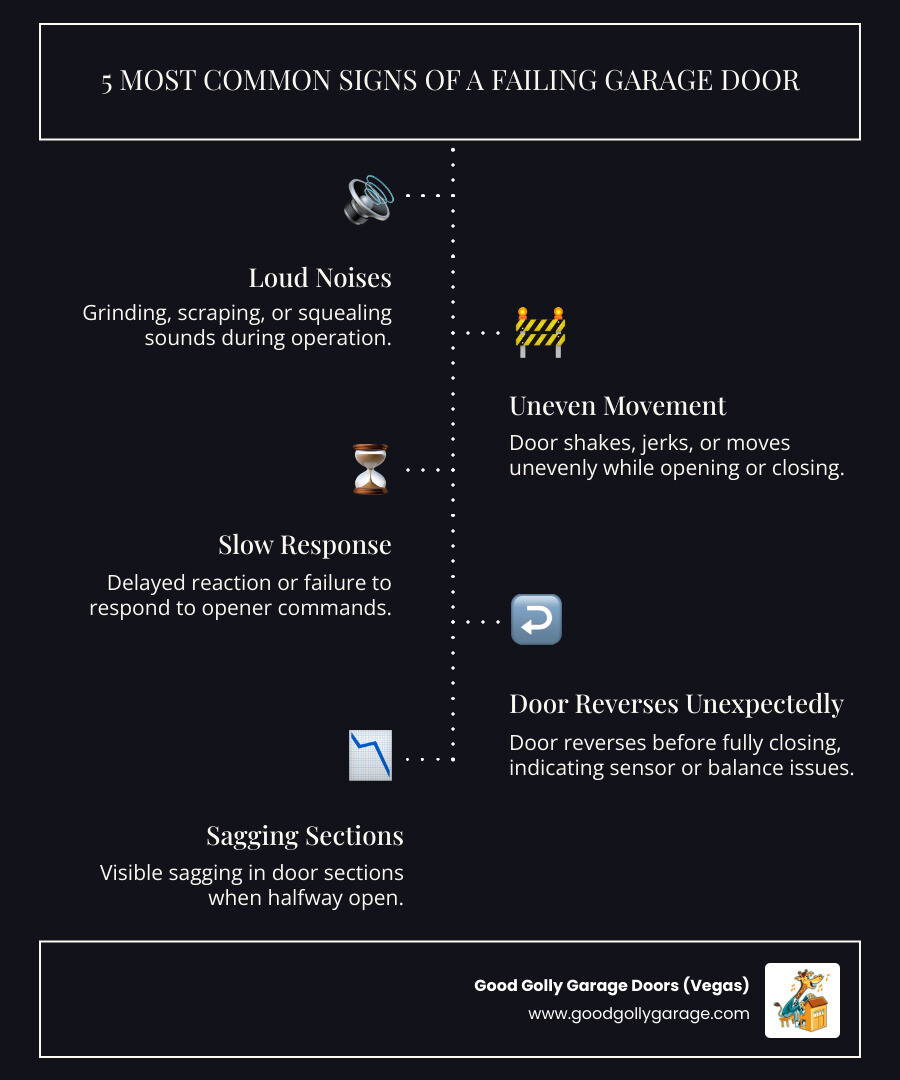 Infographic showing the 5 most common signs of a failing garage door: 1) Loud grinding or scraping noises during operation, 2) Door moves unevenly or shakes while opening or closing, 3) Slow response time or failure to respond to opener commands, 4) Door reverses unexpectedly before fully closing, 5) Visible sagging in door sections when halfway open - broken garage door repair sun city nv infographic infographic-line-5-steps-dark Infographic showing the 5 most common signs of a failing garage door: 1) Loud grinding or scraping noises during operation, 2) Door moves unevenly or shakes while opening or closing, 3) Slow response time or failure to respond to opener commands, 4) Door reverses unexpectedly before fully closing, 5) Visible sagging in door sections when halfway open - broken garage door repair sun city nv infographic infographic-line-5-steps-dark