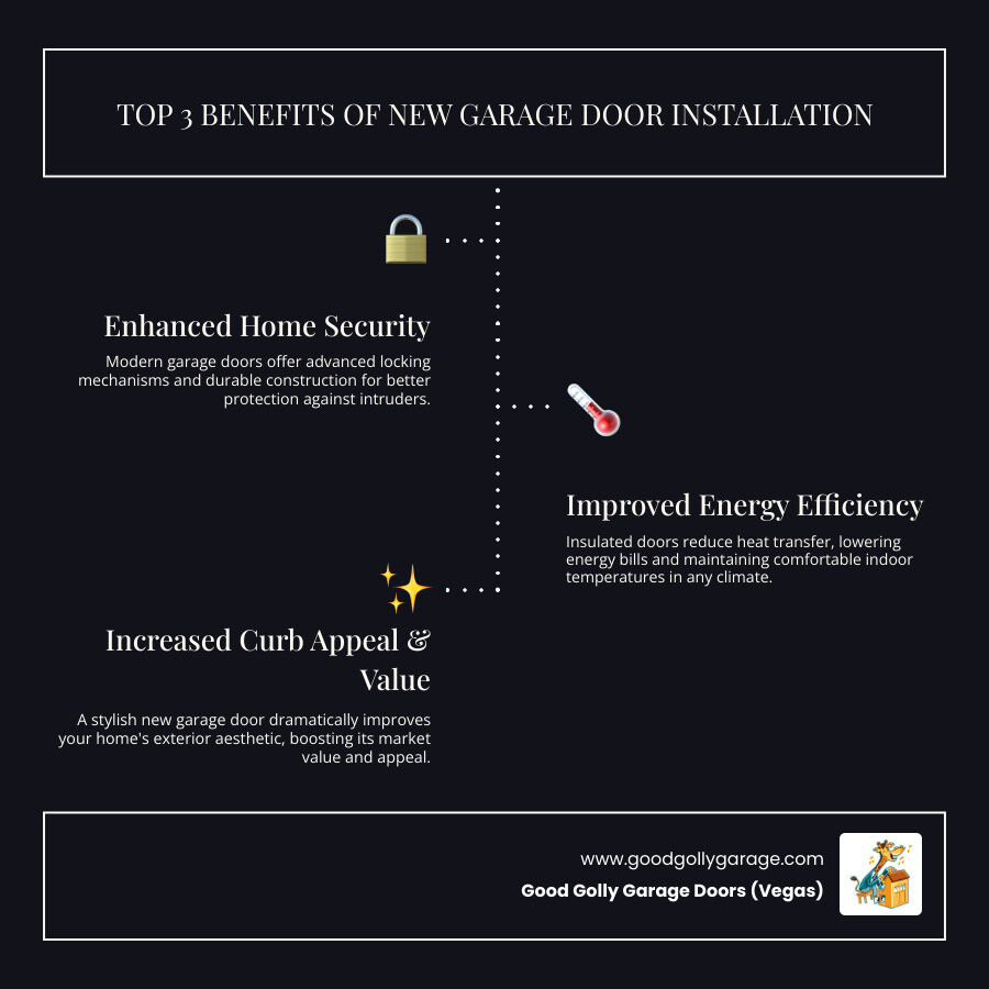 Infographic showing the top three benefits of new garage door installation: enhanced home security and safety, improved energy efficiency and insulation, and increased curb appeal and property value - garage door installation henderson nv infographic infographic-line-3-steps-dark Infographic showing the top three benefits of new garage door installation: enhanced home security and safety, improved energy efficiency and insulation, and increased curb appeal and property value - garage door installation henderson nv infographic infographic-line-3-steps-dark
