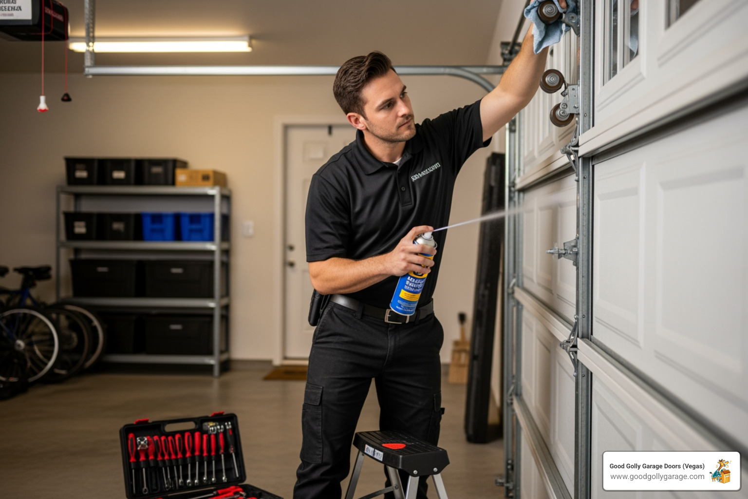 technician lubricating garage door rollers - broken garage door summerlin nv technician lubricating garage door rollers - broken garage door summerlin nv