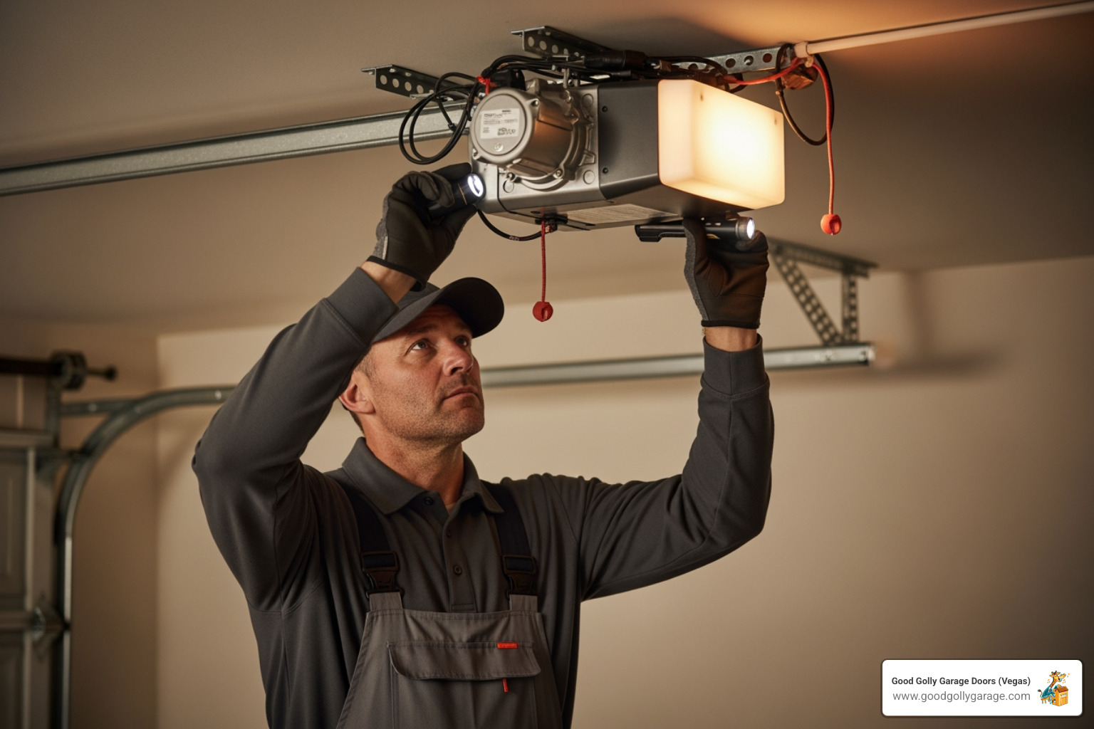 technician inspecting a garage door opener motor in a hot garage - broken garage door summerlin nv technician inspecting a garage door opener motor in a hot garage - broken garage door summerlin nv