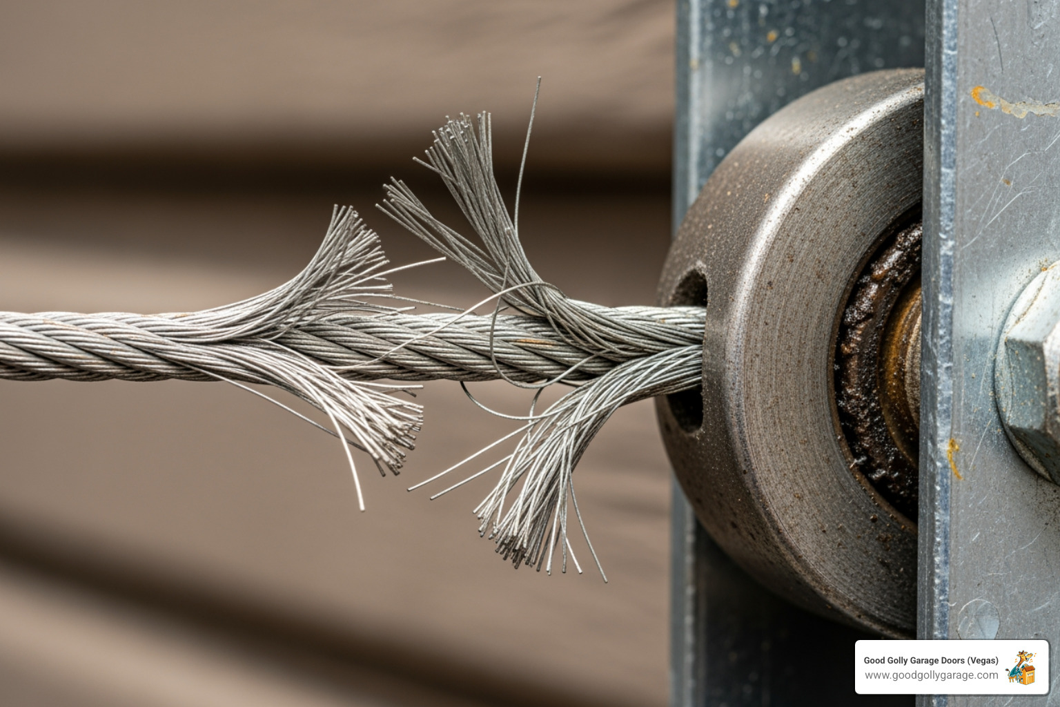 a frayed garage door cable next to a roller on a track. - broken garage door repair sun city nv a frayed garage door cable next to a roller on a track. - broken garage door repair sun city nv