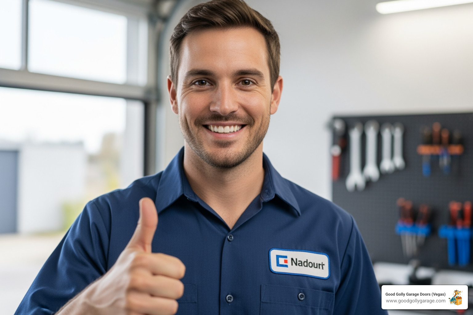 A friendly, uniformed technician smiling and giving a thumbs up, representing professionalism and expertise - garage door installation henderson nv A friendly, uniformed technician smiling and giving a thumbs up, representing professionalism and expertise - garage door installation henderson nv
