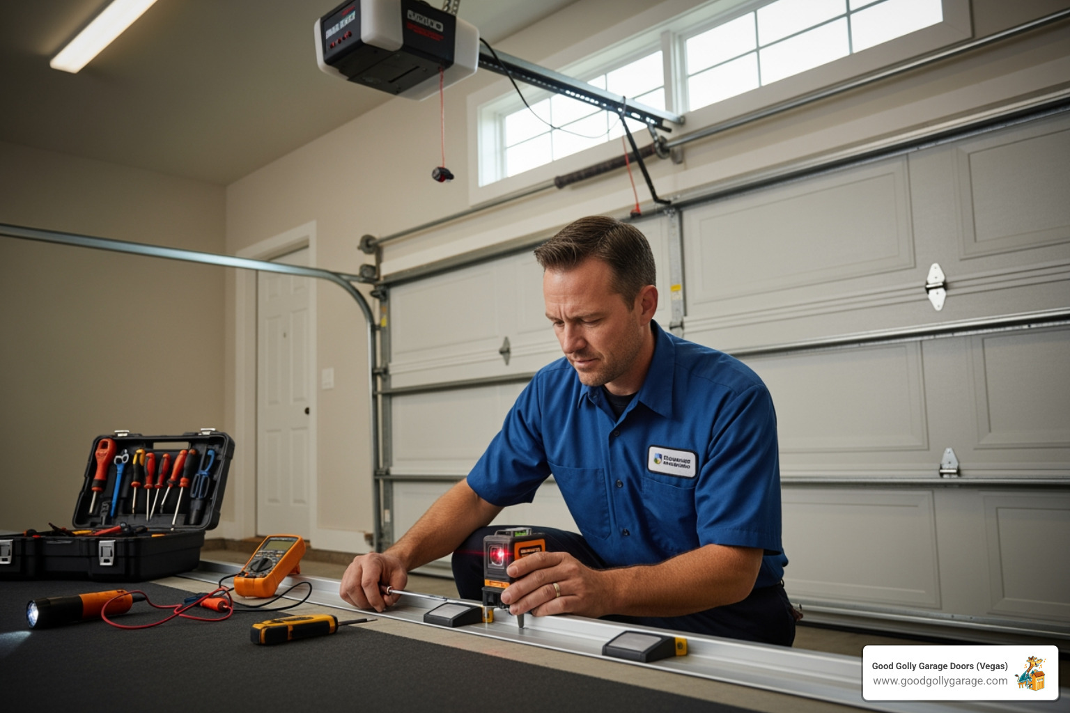 A professional technician is shown carefully performing a safety sensor alignment test on a newly installed garage door opener, ensuring precise functionality and homeowner safety. - garage door opener installation henderson nv