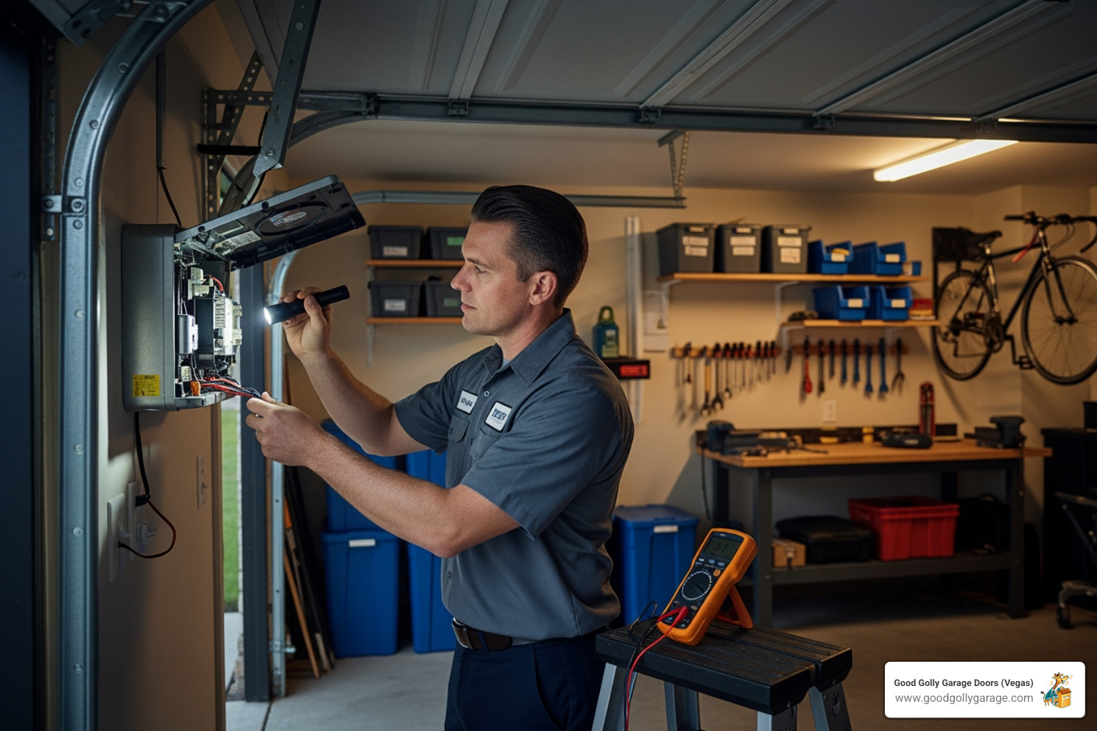 Technician inspecting a garage door opener - garage door repair las vegas nv Technician inspecting a garage door opener - garage door repair las vegas nv