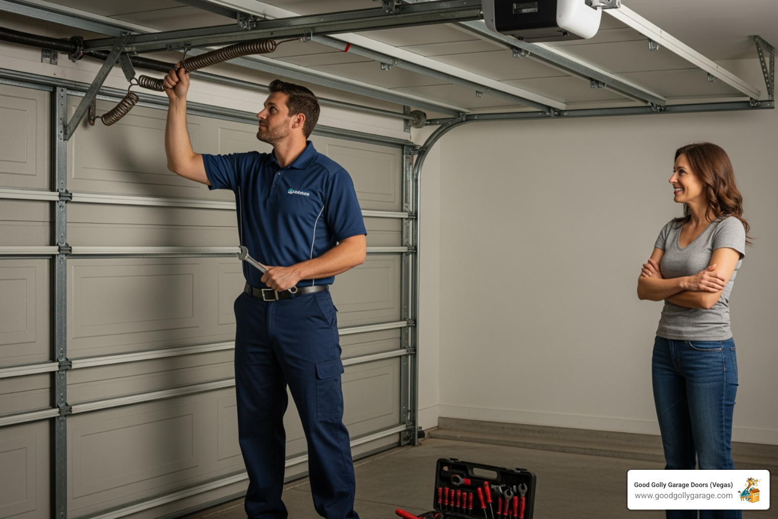 A homeowner happily watching a technician service their garage door - best garage door repair north las vegas nv A homeowner happily watching a technician service their garage door - best garage door repair north las vegas nv