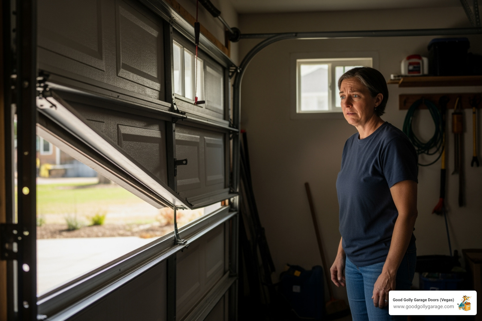 A homeowner looking concerned at their noisy, jerky garage door - best garage door repair north las vegas nv A homeowner looking concerned at their noisy, jerky garage door - best garage door repair north las vegas nv