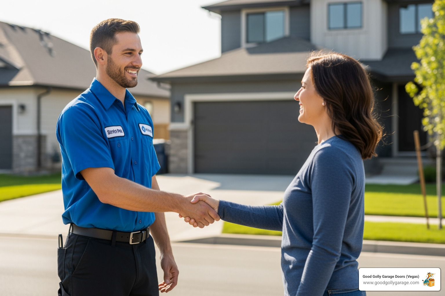 A friendly, uniformed technician shaking hands with a satisfied homeowner - best garage door repair north las vegas nv A friendly, uniformed technician shaking hands with a satisfied homeowner - best garage door repair north las vegas nv