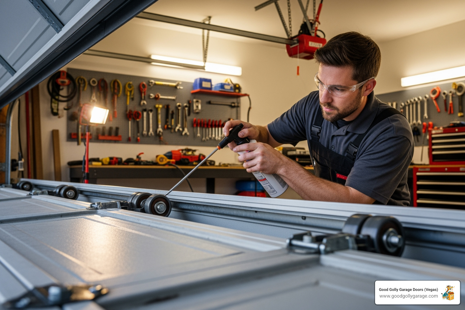 a technician lubricating garage door rollers - why is my garage door off track paradise nv