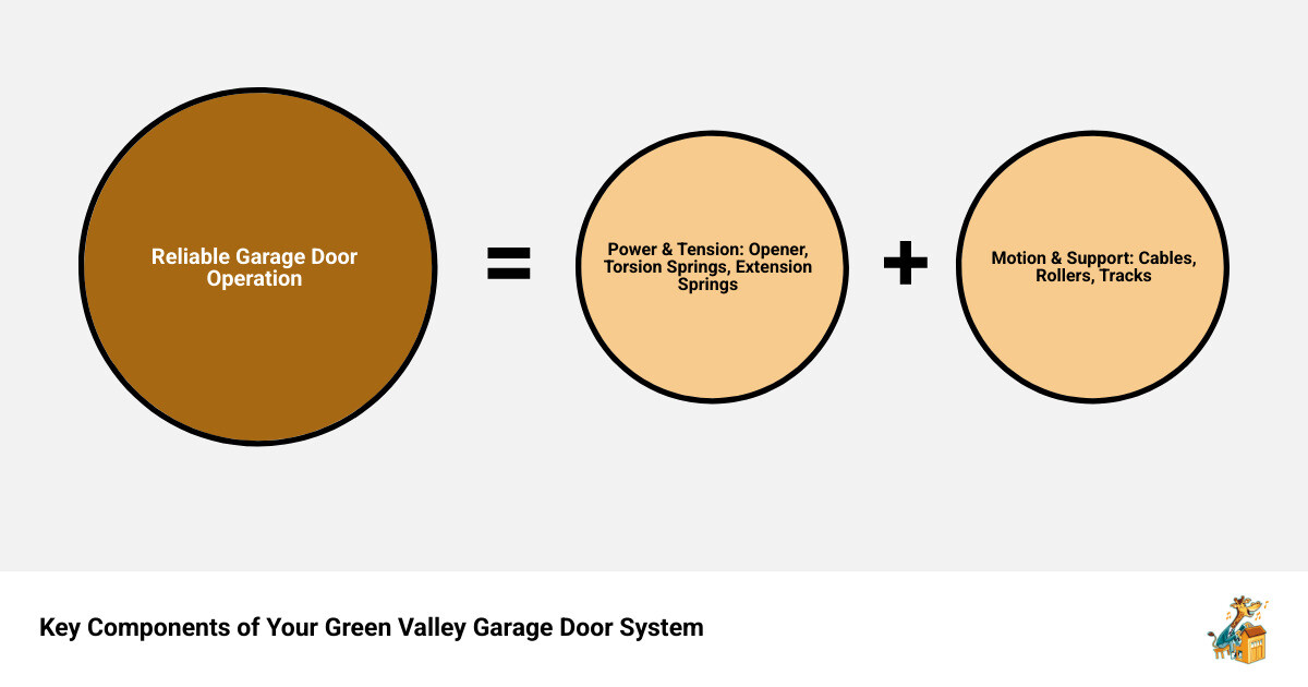 Infographic showing the main components of a residential garage door system including torsion springs, extension springs, lift cables, rollers, tracks, hinges, safety sensors, and opener unit with labels pointing to each part - broken garage door solutions green valley nv infographic sum_of_parts Infographic showing the main components of a residential garage door system including torsion springs, extension springs, lift cables, rollers, tracks, hinges, safety sensors, and opener unit with labels pointing to each part - broken garage door solutions green valley nv infographic sum_of_parts