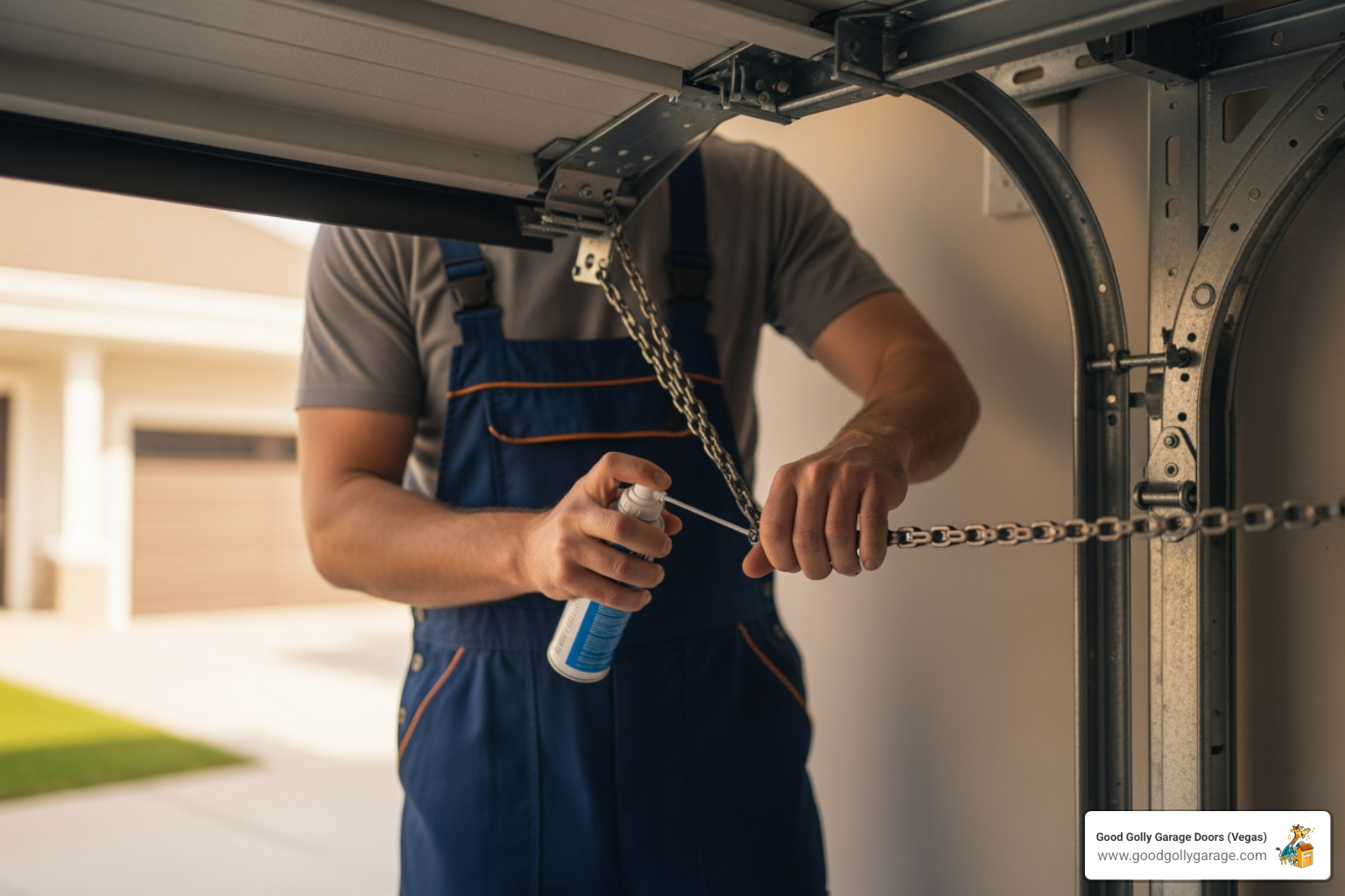 Technician lubricating a garage door chain - garage door opener repair summerlin nv Technician lubricating a garage door chain - garage door opener repair summerlin nv