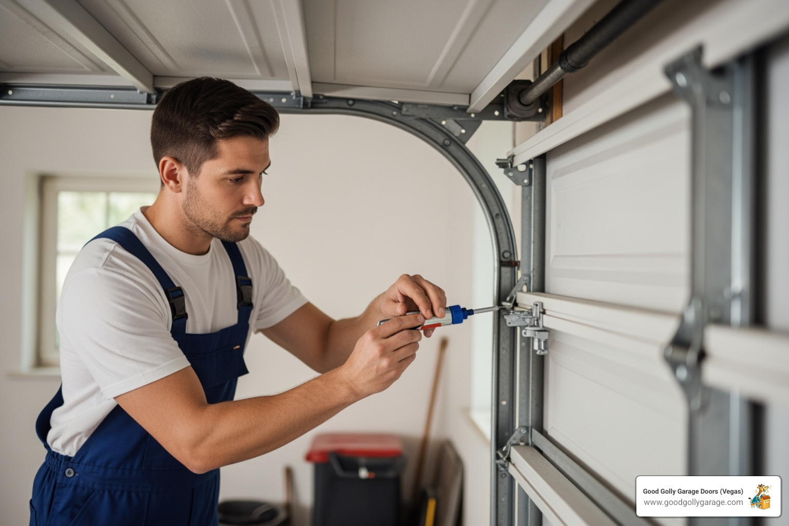 A professional technician carefully lubricating the hinges of a residential garage door during a routine maintenance check, ensuring smooth operation. - broken garage door solutions green valley nv A professional technician carefully lubricating the hinges of a residential garage door during a routine maintenance check, ensuring smooth operation. - broken garage door solutions green valley nv