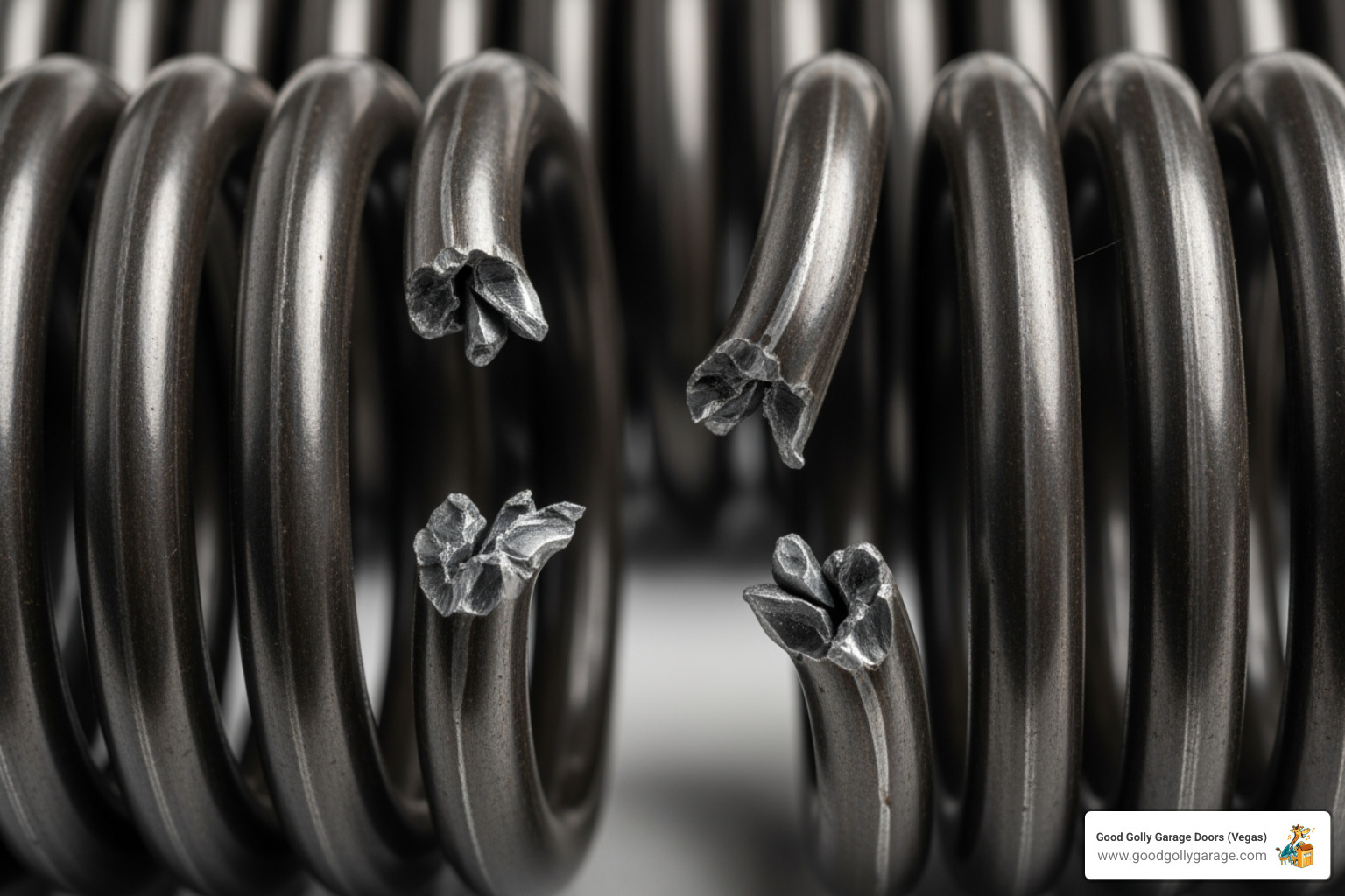 A close-up on a snapped garage door torsion spring, coiled tightly, with the break clearly visible in the middle. - broken garage door solutions green valley nv A close-up on a snapped garage door torsion spring, coiled tightly, with the break clearly visible in the middle. - broken garage door solutions green valley nv