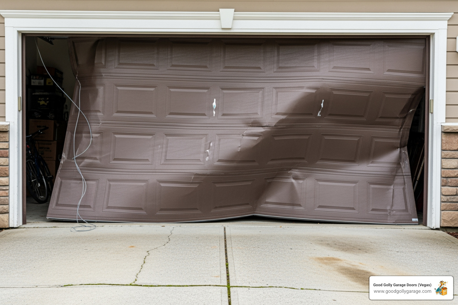 A garage door that is visibly crooked and stuck halfway open, indicating a serious malfunction. - broken garage door solutions green valley nv A garage door that is visibly crooked and stuck halfway open, indicating a serious malfunction. - broken garage door solutions green valley nv