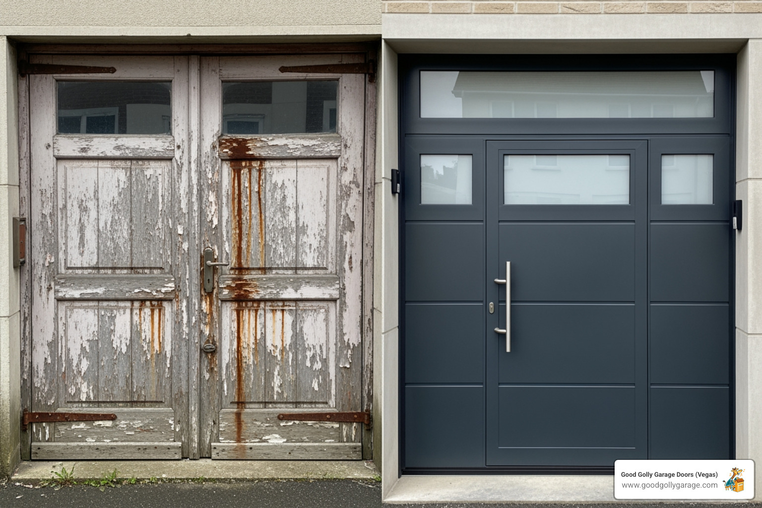 A side-by-side comparison of an old, dented, and worn garage door on the left, next to a new, modern, and stylish garage door on the right. - broken garage door solutions green valley nv A side-by-side comparison of an old, dented, and worn garage door on the left, next to a new, modern, and stylish garage door on the right. - broken garage door solutions green valley nv