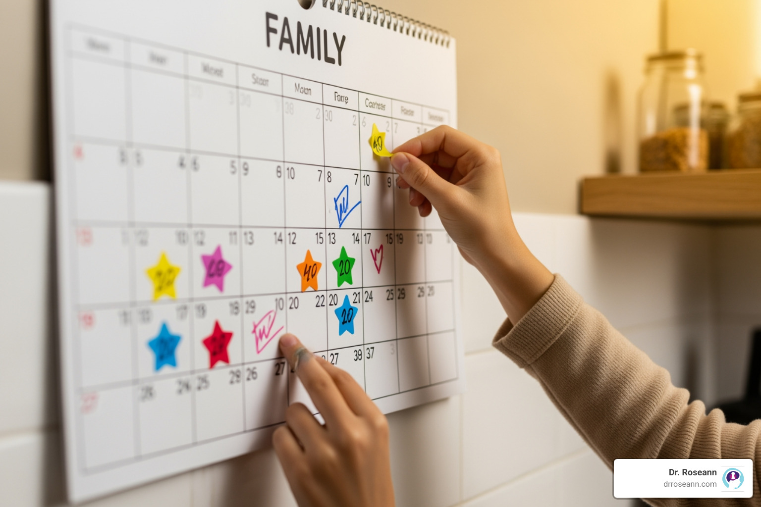 A family calendar tracking progress and rewards - cbt for pandas