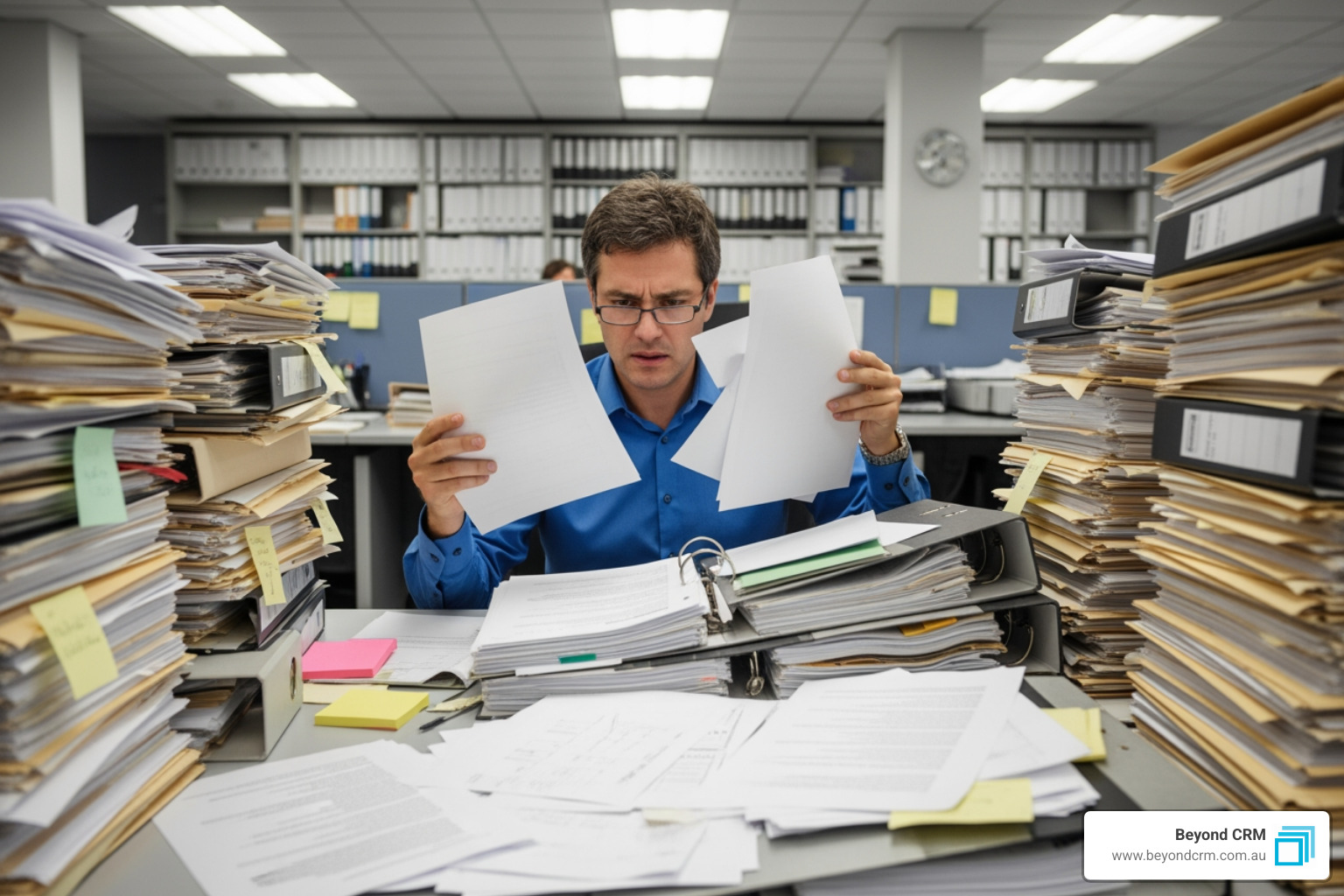 stressed professional sorting through a large pile of paperwork on their desk, symbolising data chaos and manual overload - CRM financial system integrations
