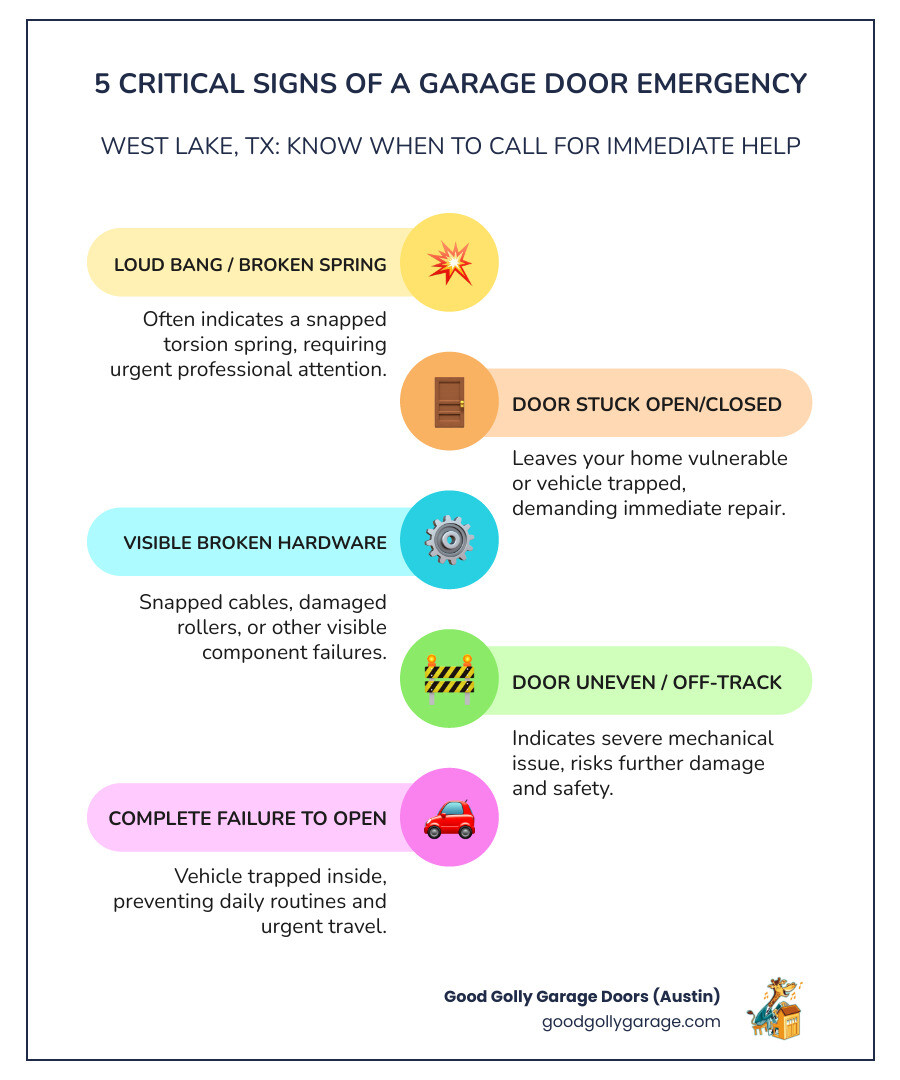 Infographic showing the 5 critical signs of a garage door emergency: 1) Loud bang indicating broken spring, 2) Door stuck open or closed, 3) Visible broken cables or hardware, 4) Door hanging unevenly or off-track, 5) Complete failure to open with vehicle trapped inside. Includes safety warning symbols and "Call Professional Help Immediately" banner - emergency broken garage door in west lake tx infographic infographic-line-5-steps-colors Infographic showing the 5 critical signs of a garage door emergency: 1) Loud bang indicating broken spring, 2) Door stuck open or closed, 3) Visible broken cables or hardware, 4) Door hanging unevenly or off-track, 5) Complete failure to open with vehicle trapped inside. Includes safety warning symbols and "Call Professional Help Immediately" banner - emergency broken garage door in west lake tx infographic infographic-line-5-steps-colors