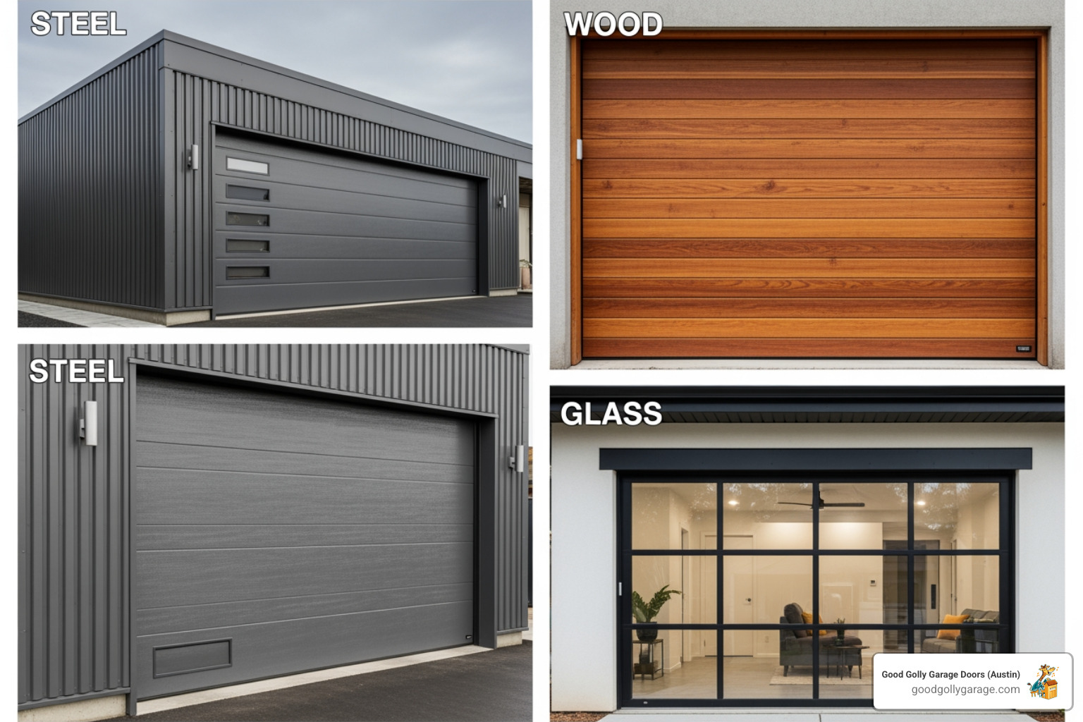 collage showing different garage door materials like steel, wood, and glass - garage door installation in liberty hill tx collage showing different garage door materials like steel, wood, and glass - garage door installation in liberty hill tx