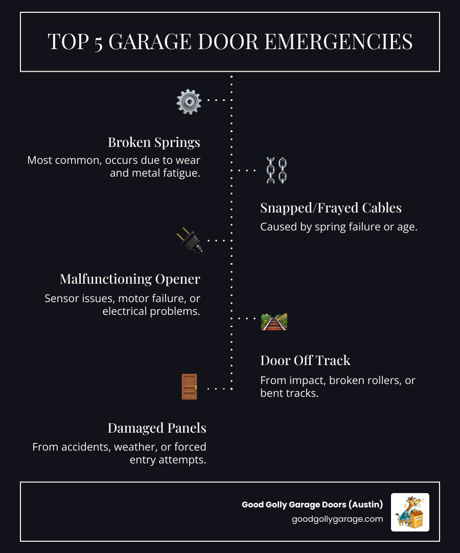 Infographic showing the top 5 most common garage door emergencies: 1) Broken torsion or extension springs (most common, occurs due to wear and metal fatigue), 2) Snapped or frayed cables (caused by spring failure or age), 3) Malfunctioning garage door opener (sensor issues, motor failure, or electrical problems), 4) Door off track (from impact, broken rollers, or bent tracks), 5) Damaged panels (from accidents, weather, or forced entry attempts). Each includes a simple icon and brief explanation of typical causes. - broken garage door same day repair in pflugerville tx infographic infographic-line-5-steps-dark Infographic showing the top 5 most common garage door emergencies: 1) Broken torsion or extension springs (most common, occurs due to wear and metal fatigue), 2) Snapped or frayed cables (caused by spring failure or age), 3) Malfunctioning garage door opener (sensor issues, motor failure, or electrical problems), 4) Door off track (from impact, broken rollers, or bent tracks), 5) Damaged panels (from accidents, weather, or forced entry attempts). Each includes a simple icon and brief explanation of typical causes. - broken garage door same day repair in pflugerville tx infographic infographic-line-5-steps-dark