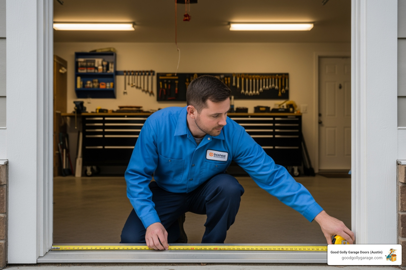 technician carefully measuring garage opening - professional garage door installation in spanish oaks tx