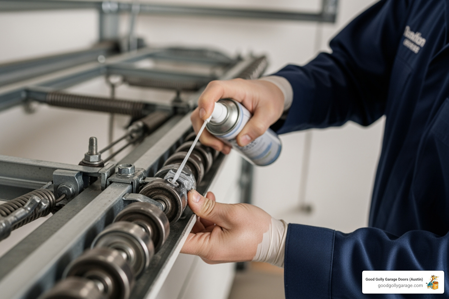 technician lubricating garage door rollers - emergency broken garage door in west lake tx technician lubricating garage door rollers - emergency broken garage door in west lake tx