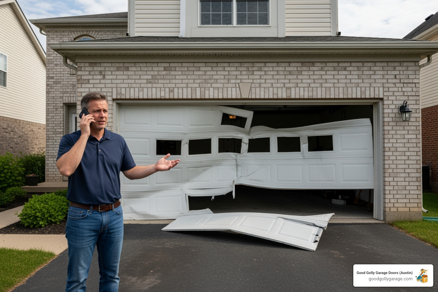 homeowner on the phone looking at their broken garage door - emergency broken garage door in west lake tx homeowner on the phone looking at their broken garage door - emergency broken garage door in west lake tx