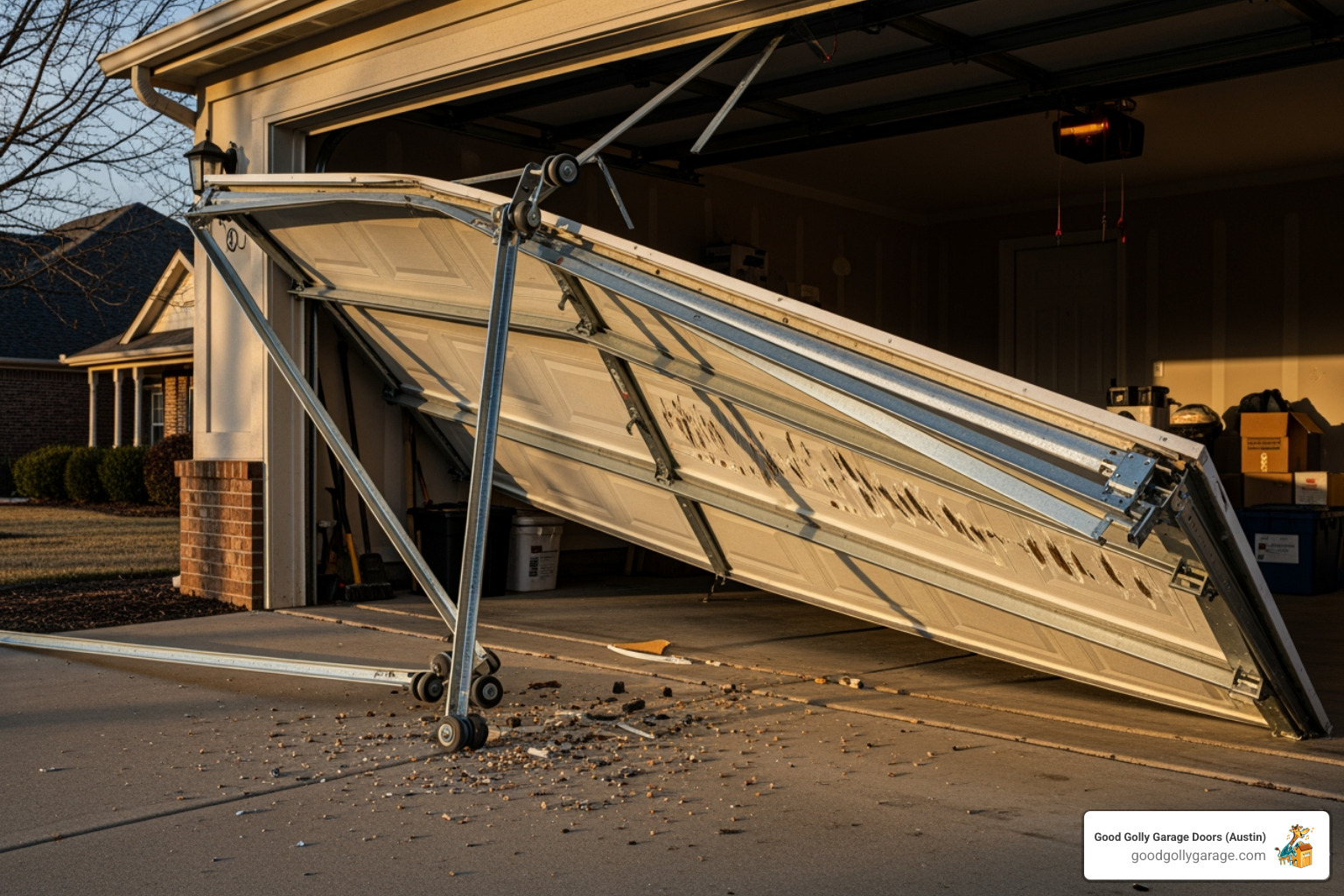 image of a garage door that has fallen off its tracks - broken garage door same day repair in pflugerville tx image of a garage door that has fallen off its tracks - broken garage door same day repair in pflugerville tx