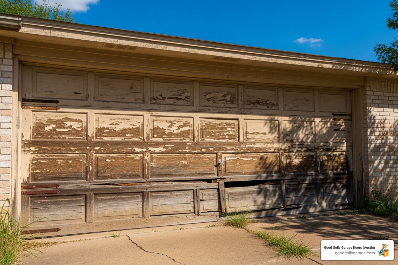 Sun-beaten, weathered garage door on a hot Texas day - why is my broken garage door in bee cave tx Sun-beaten, weathered garage door on a hot Texas day - why is my broken garage door in bee cave tx