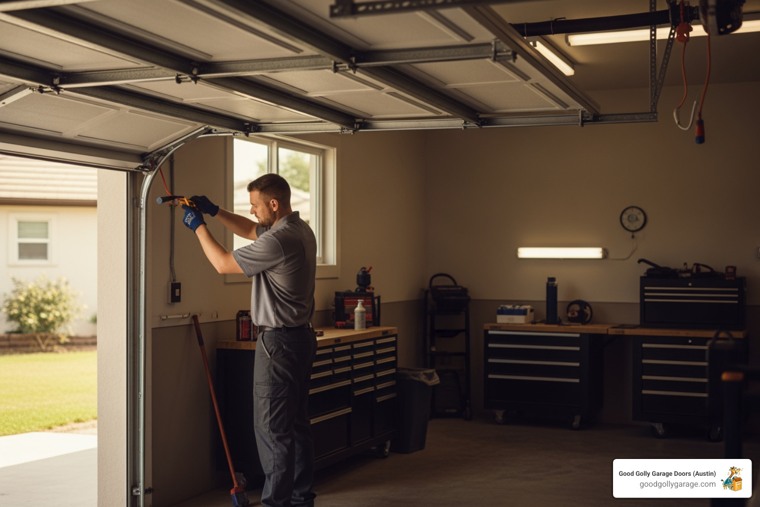 Professional technician safely repairing a garage door in a well-lit garage - why is my broken garage door in bee cave tx Professional technician safely repairing a garage door in a well-lit garage - why is my broken garage door in bee cave tx