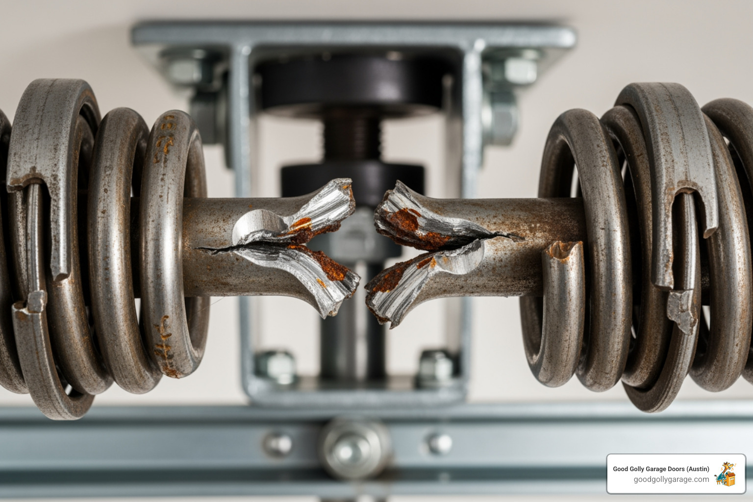 Close-up of a broken torsion spring on a garage door system - why is my broken garage door in bee cave tx Close-up of a broken torsion spring on a garage door system - why is my broken garage door in bee cave tx