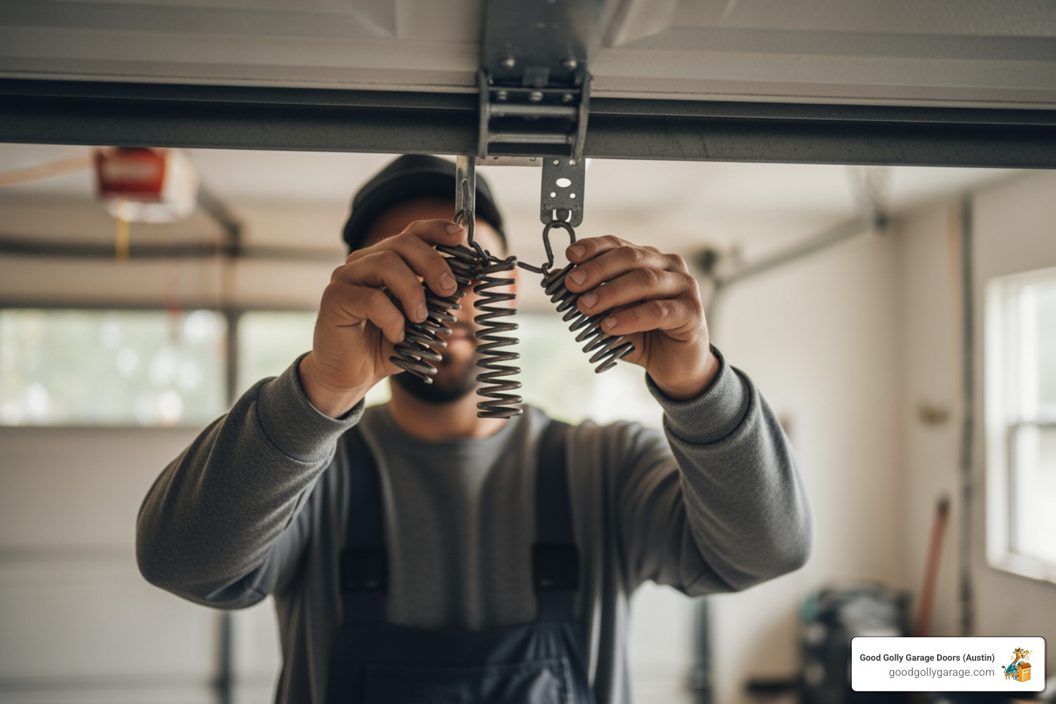 technician inspecting garage door springs - professional garage door maintenance in bee cave tx
