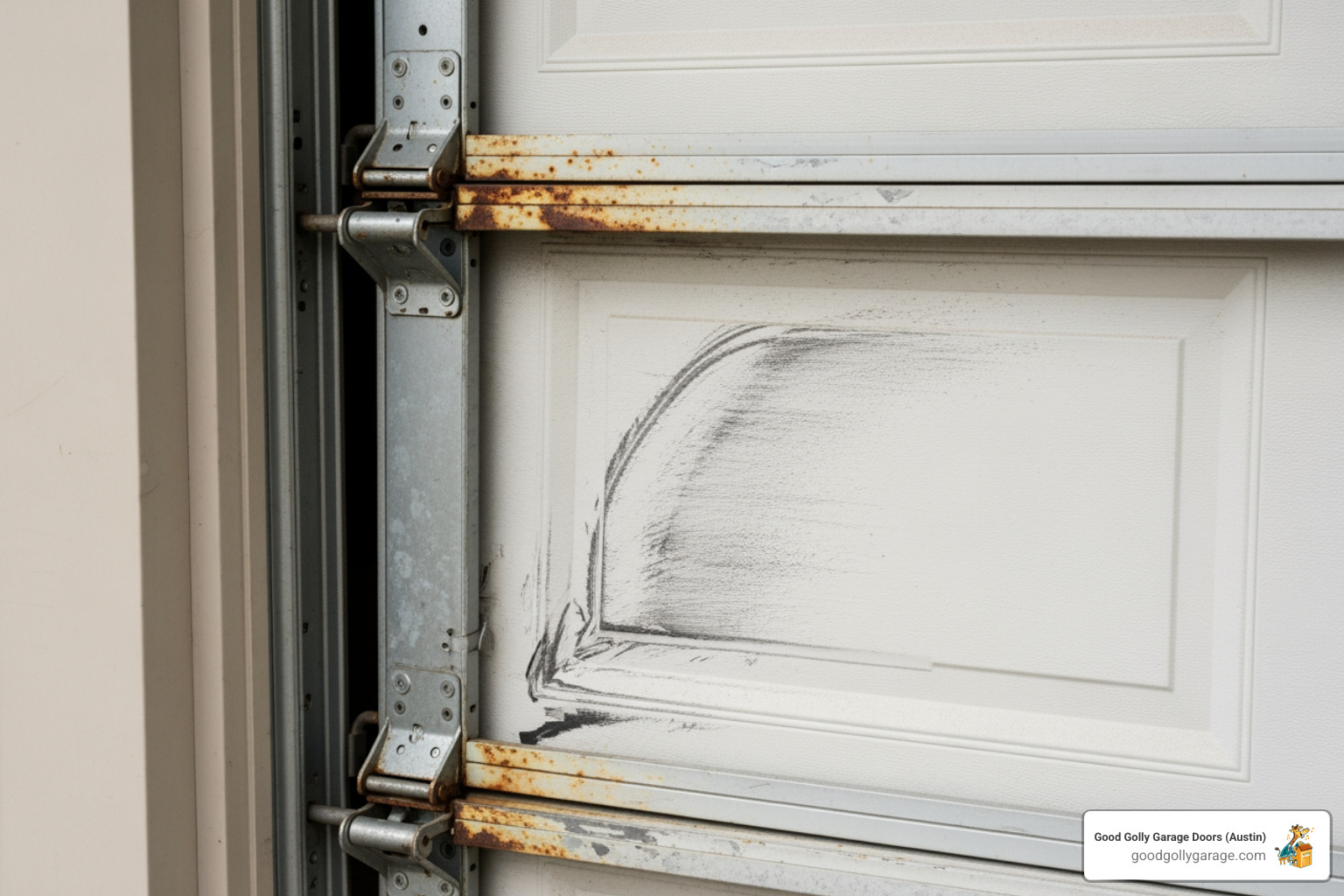 garage door slightly off-track with visible wear - professional garage door maintenance in bee cave tx