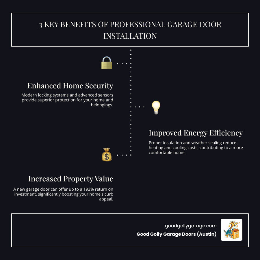 infographic showing the three main benefits of professional garage door installation: enhanced home security with modern locking systems and sensors, improved energy efficiency through proper insulation and weather sealing reducing heating and cooling costs, and increased property value with up to 193 percent return on investment for curb appeal upgrades - best garage door installation in georgetown tx infographic infographic-line-3-steps-dark infographic showing the three main benefits of professional garage door installation: enhanced home security with modern locking systems and sensors, improved energy efficiency through proper insulation and weather sealing reducing heating and cooling costs, and increased property value with up to 193 percent return on investment for curb appeal upgrades - best garage door installation in georgetown tx infographic infographic-line-3-steps-dark