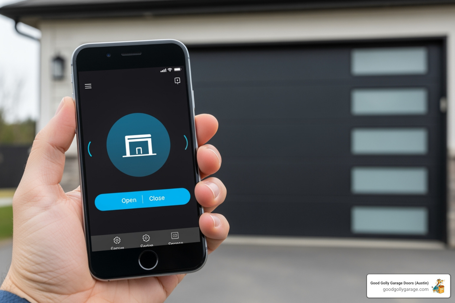 A smart garage door opener being controlled by a smartphone, illustrating convenience and modern home integration - garage door installation in west lake tx A smart garage door opener being controlled by a smartphone, illustrating convenience and modern home integration - garage door installation in west lake tx