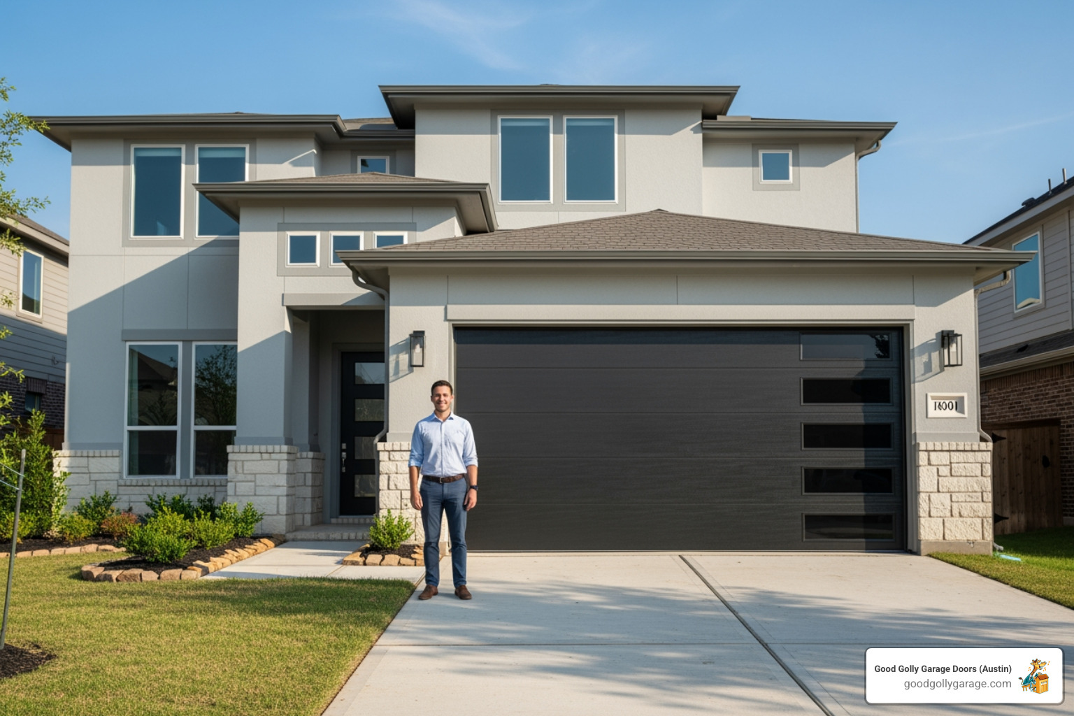 A finished garage door installation with a happy homeowner admiring their new, stylish garage door - garage door installation in west lake tx A finished garage door installation with a happy homeowner admiring their new, stylish garage door - garage door installation in west lake tx