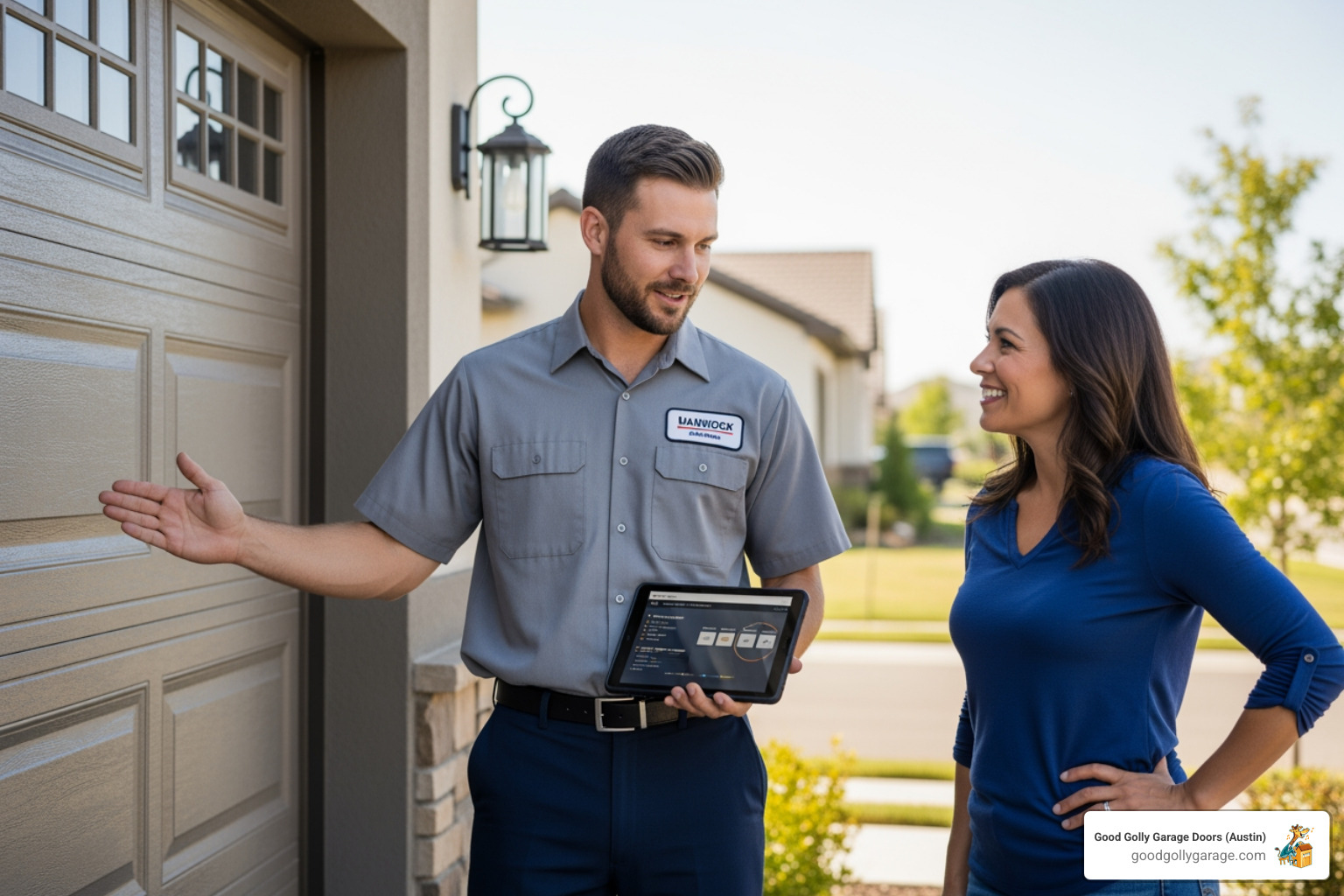 Friendly technician talking to a homeowner - emergency broken garage door in spanish oaks tx Friendly technician talking to a homeowner - emergency broken garage door in spanish oaks tx
