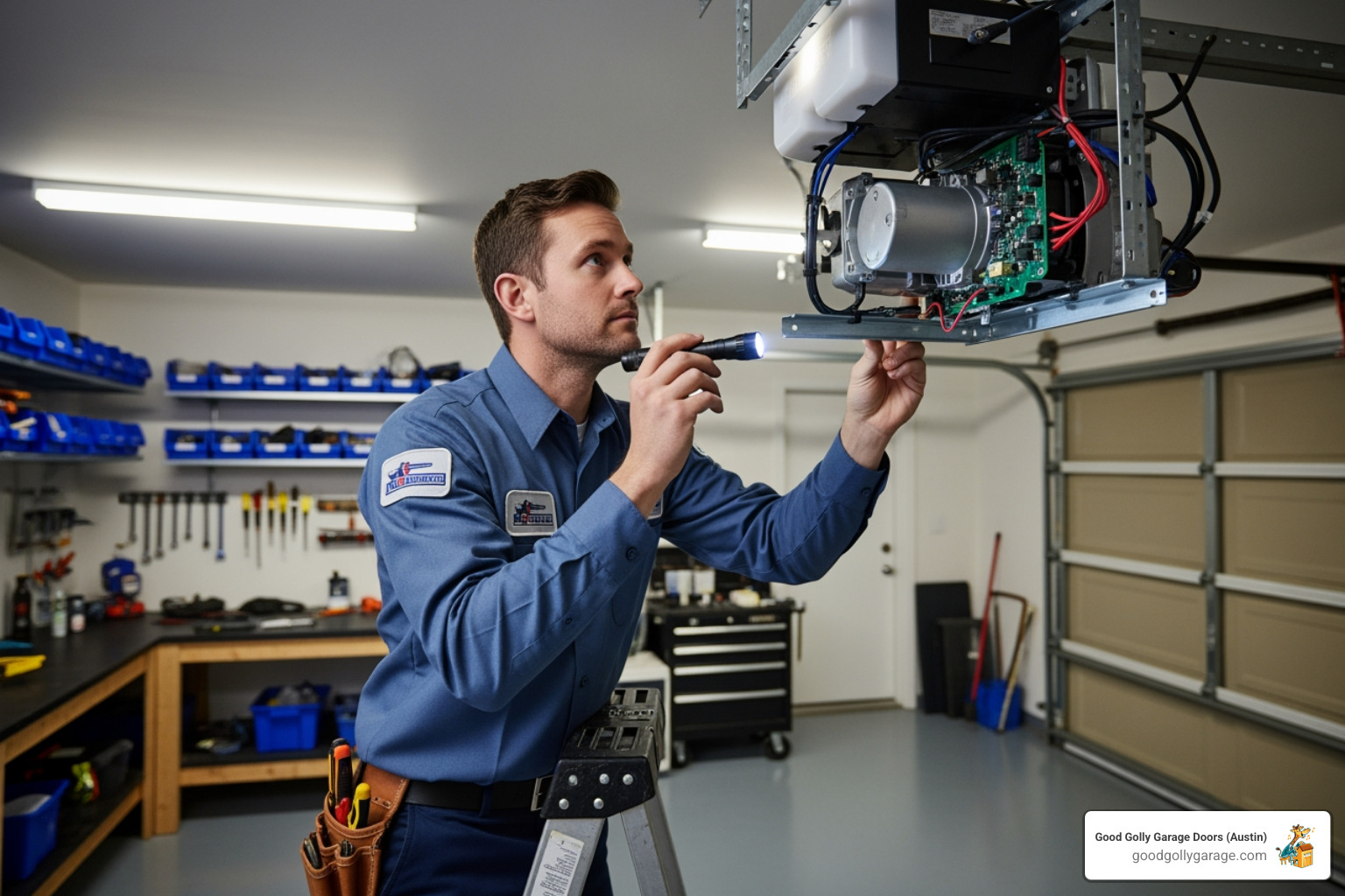 Technician inspecting a garage door opener - emergency broken garage door in spanish oaks tx Technician inspecting a garage door opener - emergency broken garage door in spanish oaks tx