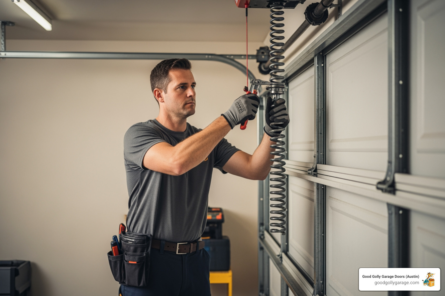 a professional technician safely handling a garage door spring with the proper tools - broken garage door repair in cedar park tx a professional technician safely handling a garage door spring with the proper tools - broken garage door repair in cedar park tx
