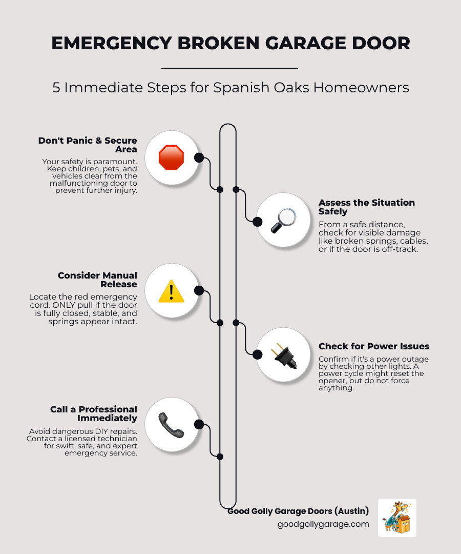 Infographic showing three critical steps for a garage door emergency: Step 1 - Stop using the door immediately and keep the area clear; Step 2 - Locate the manual release cord (red handle) but only use if the door is stable; Step 3 - Call a licensed technician for safe, professional repair within hours - emergency broken garage door in spanish oaks tx infographic infographic-line-5-steps-elegant_beige Infographic showing three critical steps for a garage door emergency: Step 1 - Stop using the door immediately and keep the area clear; Step 2 - Locate the manual release cord (red handle) but only use if the door is stable; Step 3 - Call a licensed technician for safe, professional repair within hours - emergency broken garage door in spanish oaks tx infographic infographic-line-5-steps-elegant_beige