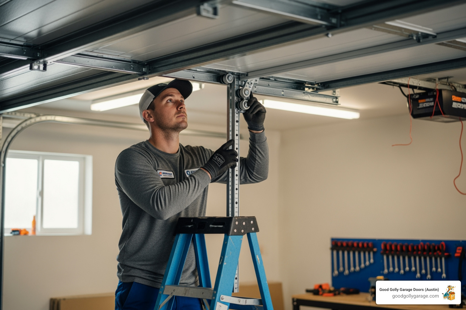 A professional technician carefully installing a garage door section, ensuring precision and safety during the process - garage door installation in west lake tx A professional technician carefully installing a garage door section, ensuring precision and safety during the process - garage door installation in west lake tx