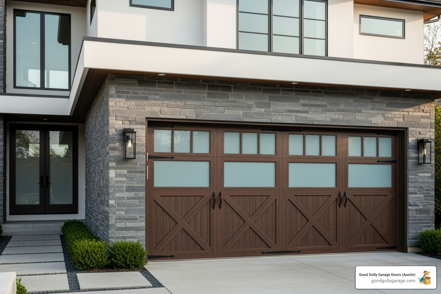 A stylish carriage house garage door on a modern home - garage door installation in cedar park tx A stylish carriage house garage door on a modern home - garage door installation in cedar park tx